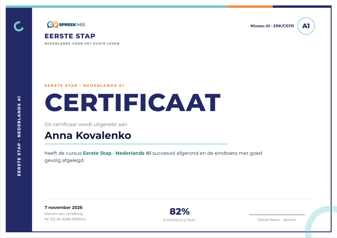 Зразок сертифіката Eerste Stap рівня A1 на ім’я Anna Kovalenko